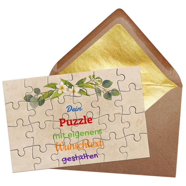 Puzzle mit pers&ouml;nlicher Botschaft selbst gestalten - Beige mit Blumenkranz - 24 Teile im Briefumschlag mit Goldinlay