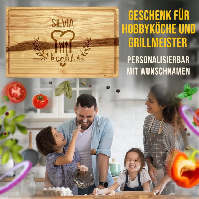 Gro&szlig;es Holzbrett mit Name gravieren - Wunschperson kocht