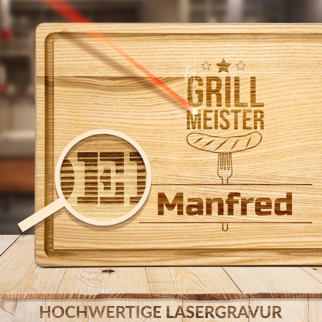 Gro&szlig;es Schneidebrett mit Gravur - Grillmeister - mit Name personalisierbar