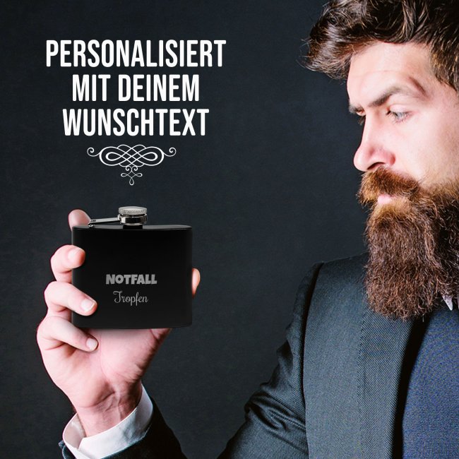 Flachmann personalisierbar mit Textgravur - 140 ml in Schwarz