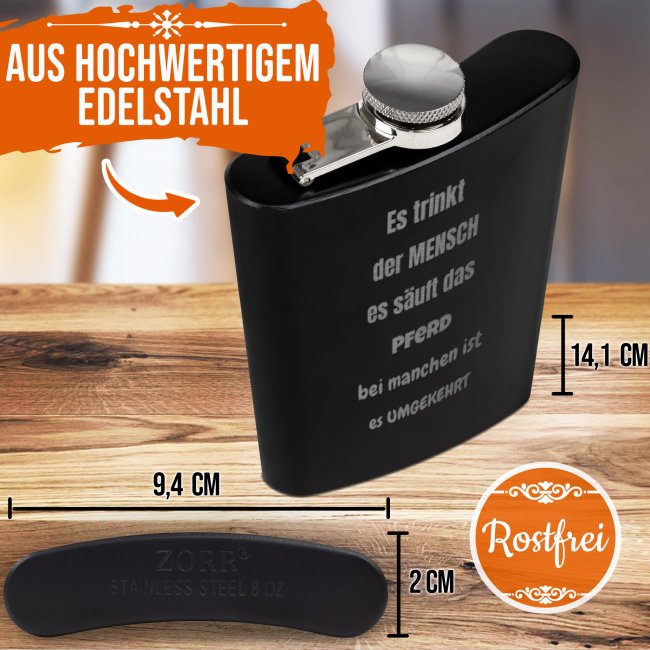 Flachmann personalisierbar mit Textgravur - 225 ml in Schwarz