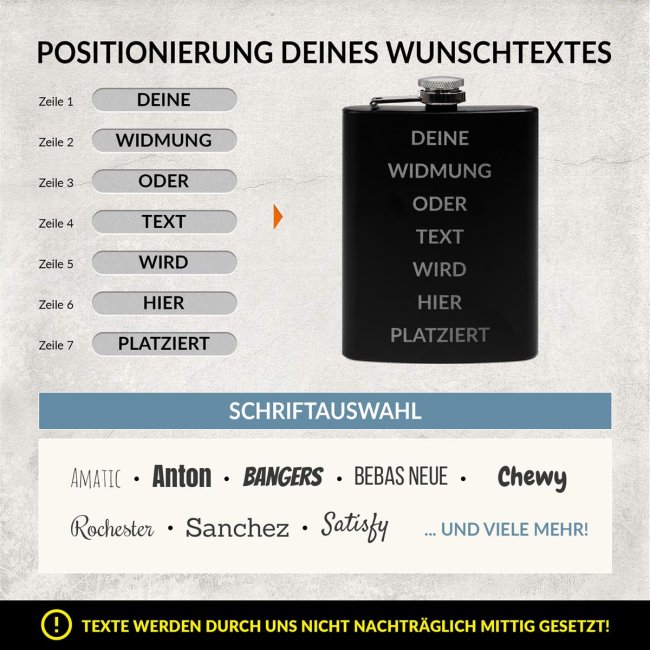 Flachmann personalisierbar mit Textgravur - 225 ml in Schwarz
