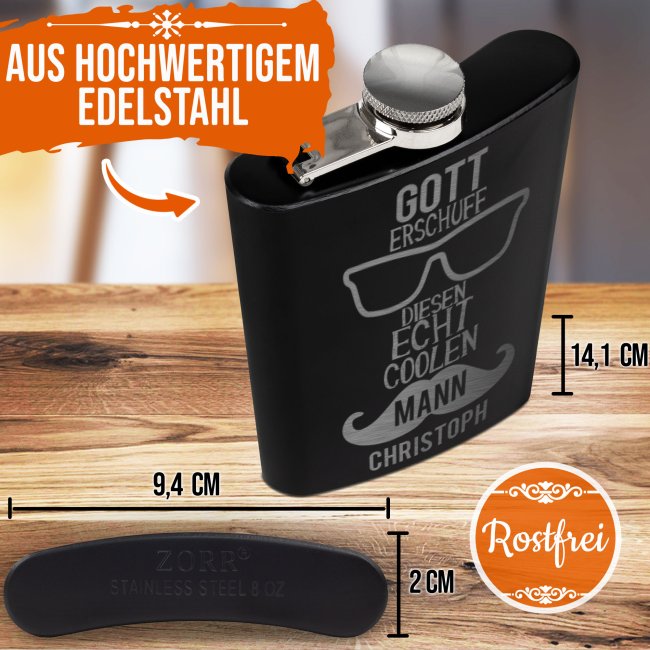 Flachmann mit Name - Gott erschuf - 225 ml in Schwarz