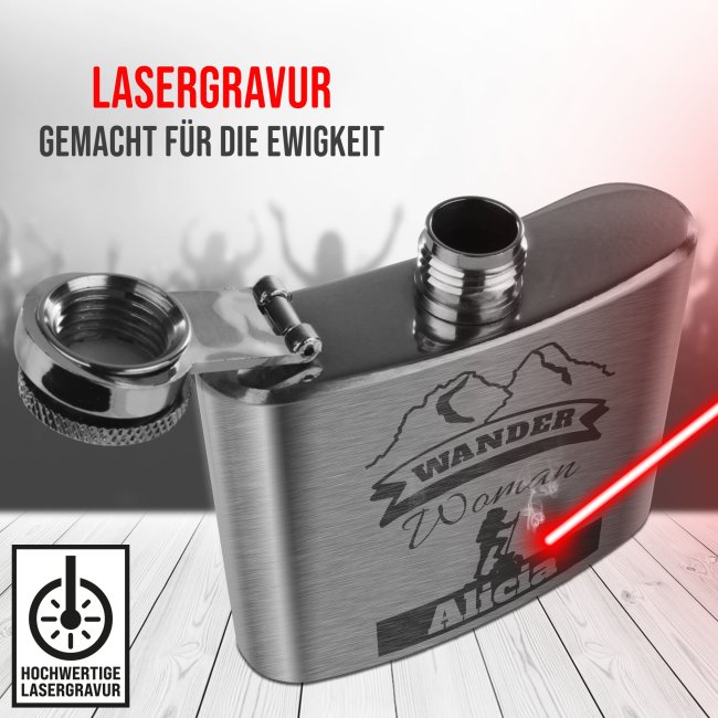 Personalisierter Flachmann f&uuml;r Frauen mit Name - Wander Woman - 140 ml in Silber