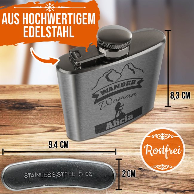 Personalisierter Flachmann f&uuml;r Frauen mit Name - Wander Woman - 140 ml in Silber