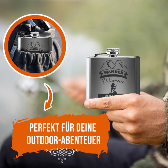 Personalisierter Flachmann f&uuml;r Frauen mit Name - Wander Woman - 140 ml in Silber