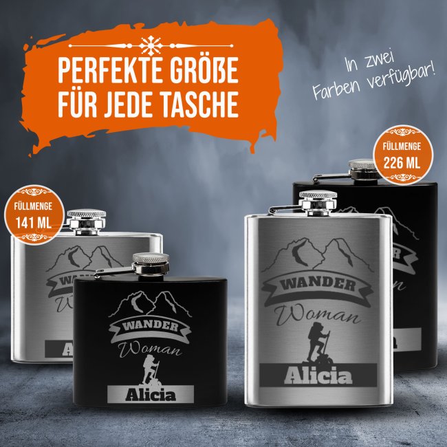 Personalisierter Flachmann f&uuml;r Frauen mit Name - Wander Woman - 140 ml in Silber