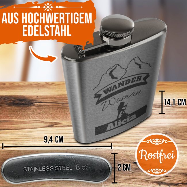 Personalisierter Flachmann f&uuml;r Frauen mit Name - Wander Woman - 225 ml in Silber