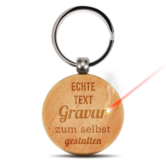 Personalisierter Schl&uuml;sselanh&auml;nger mit Wunschtext - rund aus Echtholz - 45 x 45 mm