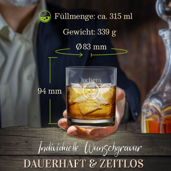 Whiskyglas - Totenkopf Engel-Jahr &amp; Name - 300 ml