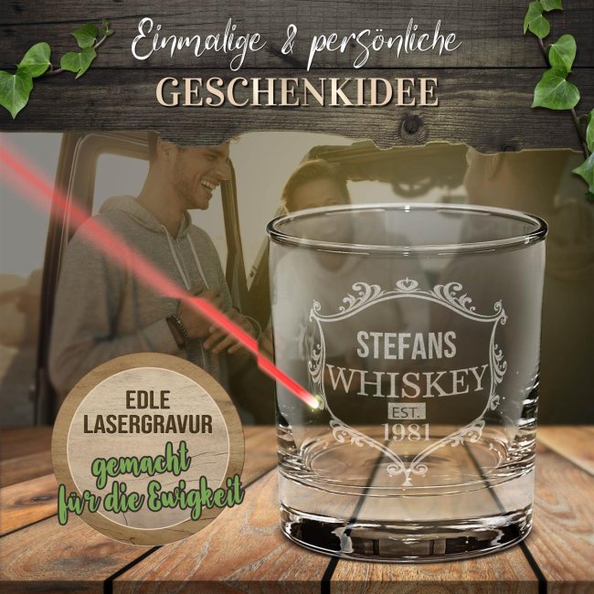 Whiskyglas - Whiskey Kranz-Jahr &amp; Name - 300 ml