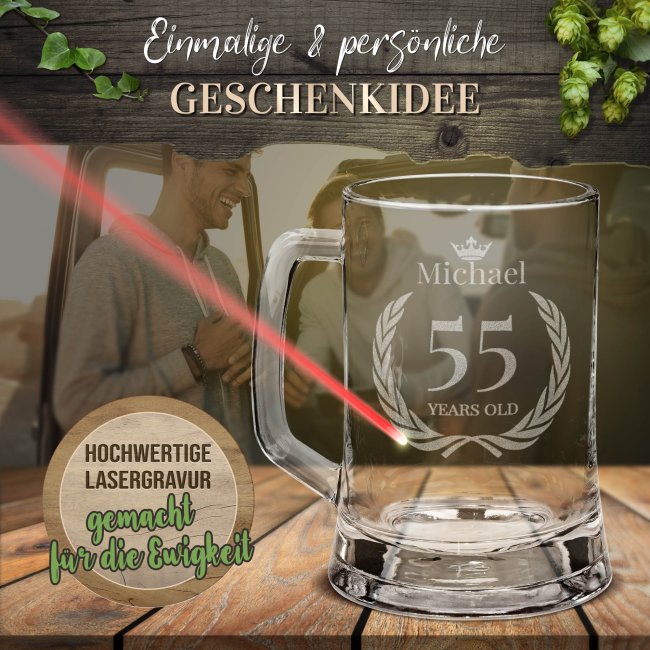 Glas-Bierkrug - Years old-Jahr &amp; Name - 450 ml - mit Henkel