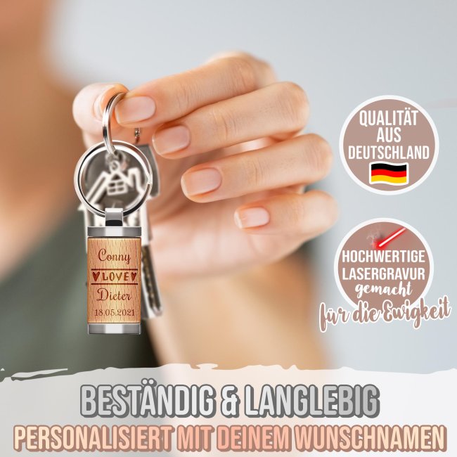 Schl&uuml;sselanh&auml;nger - Love - mit Namen und Datum personalisierbar - rechteckig aus Echtholz - 24 x 48 mm