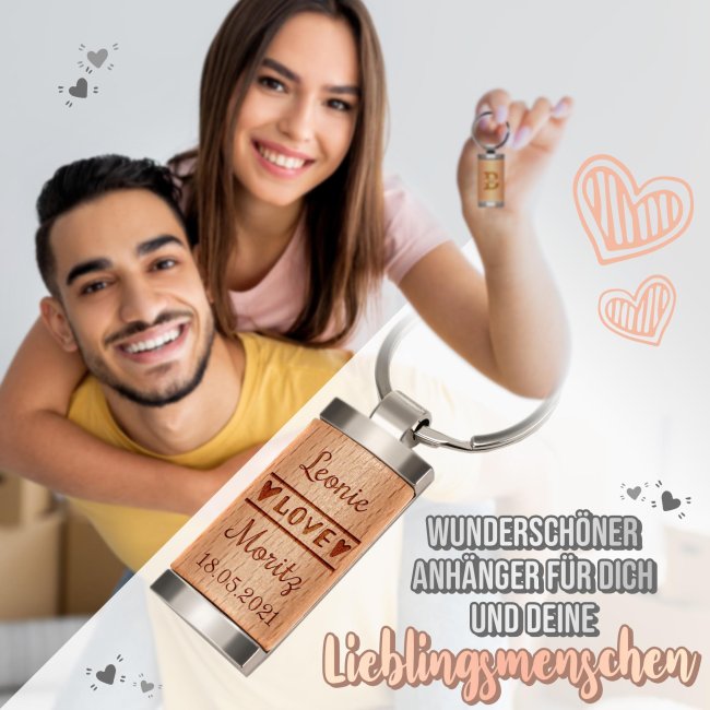 Schl&uuml;sselanh&auml;nger - Love - mit Namen und Datum personalisierbar - rechteckig aus Echtholz - 24 x 48 mm