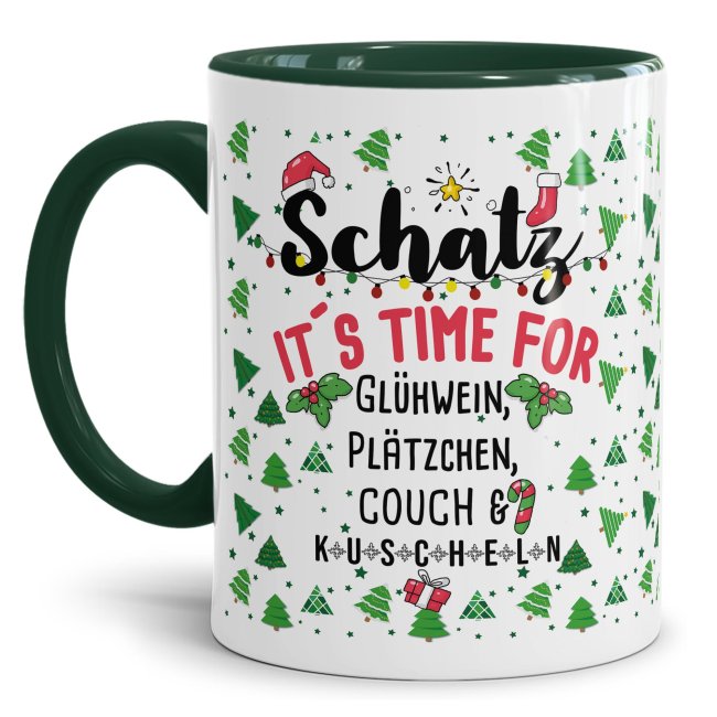 Weihnachtstasse - Time for Pl&auml;tzchen, Couch &amp; kuscheln - Innen &amp; Henkel Dunkelgr&uuml;n