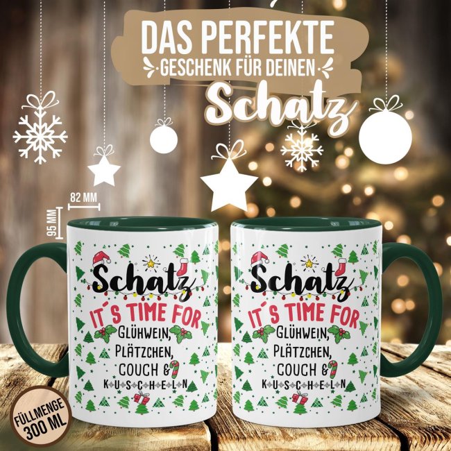 Weihnachtstasse - Time for Pl&auml;tzchen, Couch &amp; kuscheln - Innen &amp; Henkel Dunkelgr&uuml;n