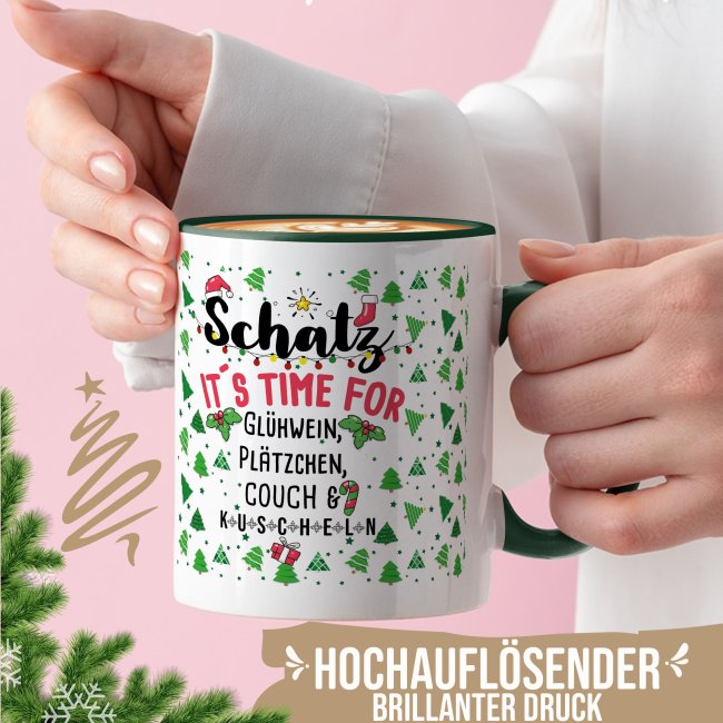 Weihnachtstasse - Time for Pl&auml;tzchen, Couch &amp; kuscheln - Innen &amp; Henkel Dunkelgr&uuml;n