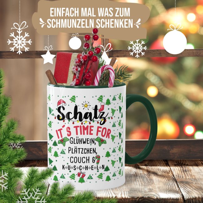 Weihnachtstasse - Time for Pl&auml;tzchen, Couch &amp; kuscheln - Innen &amp; Henkel Dunkelgr&uuml;n