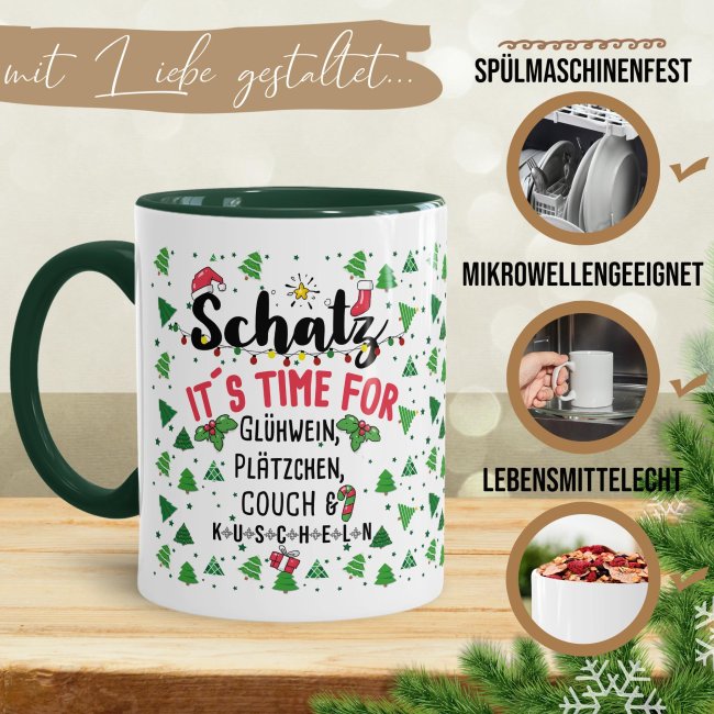 Weihnachtstasse - Time for Pl&auml;tzchen, Couch &amp; kuscheln - Innen &amp; Henkel Dunkelgr&uuml;n