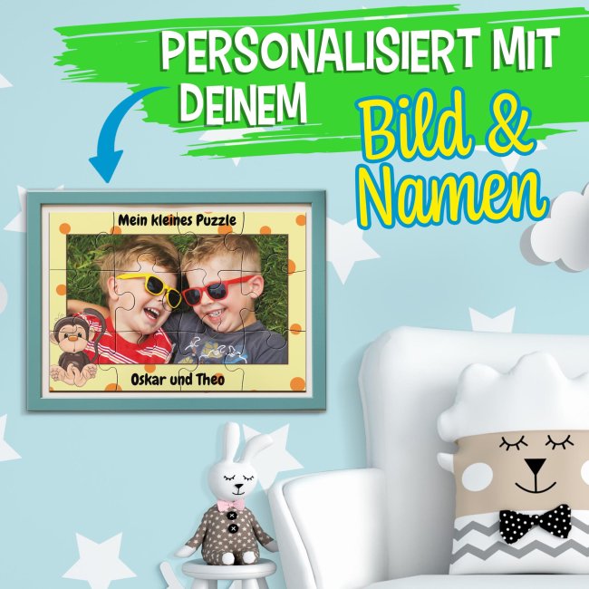 Holzpuzzle mit Foto selbst gestalten f&uuml;r Kinder - Kleines Puzzle mit Name - Affe - 12 Teile