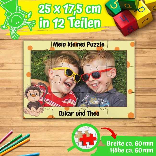 Holzpuzzle mit Foto selbst gestalten f&uuml;r Kinder - Kleines Puzzle mit Name - Affe - 12 Teile