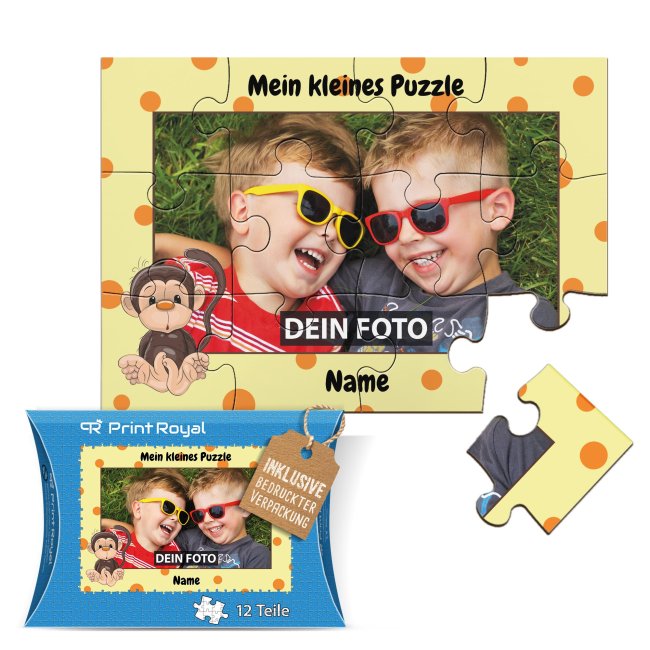 Holzpuzzle mit Foto selbst gestalten f&uuml;r Kinder - Kleines Puzzle mit Name - Affe - 12 Teile