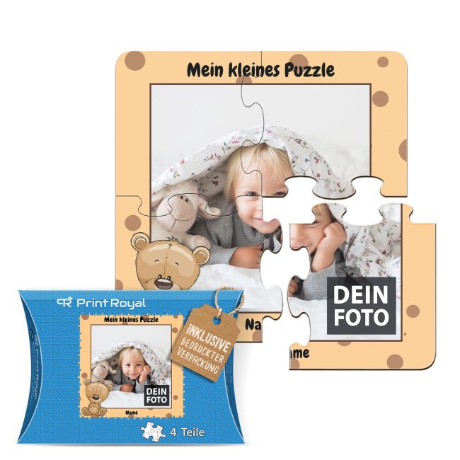 Holzpuzzle mit Foto selbst gestalten f&uuml;r Kinder - Kleines Puzzle mit Name - B&auml;r - 4 Teile