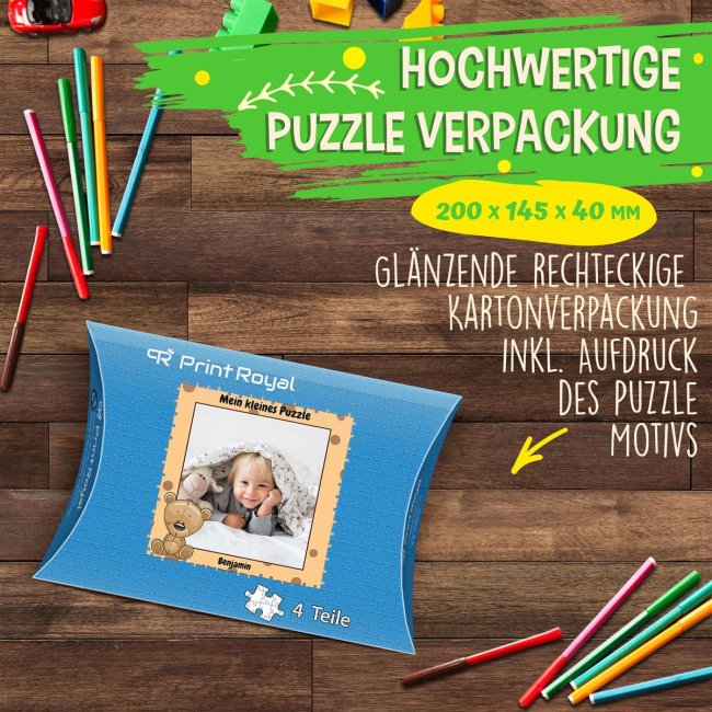 Holzpuzzle mit Foto selbst gestalten f&uuml;r Kinder - Kleines Puzzle mit Name - B&auml;r - 4 Teile