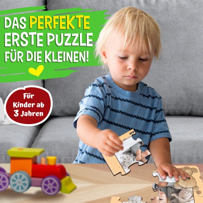 Holzpuzzle mit Foto selbst gestalten f&uuml;r Kinder - Kleines Puzzle mit Name - B&auml;r - 4 Teile