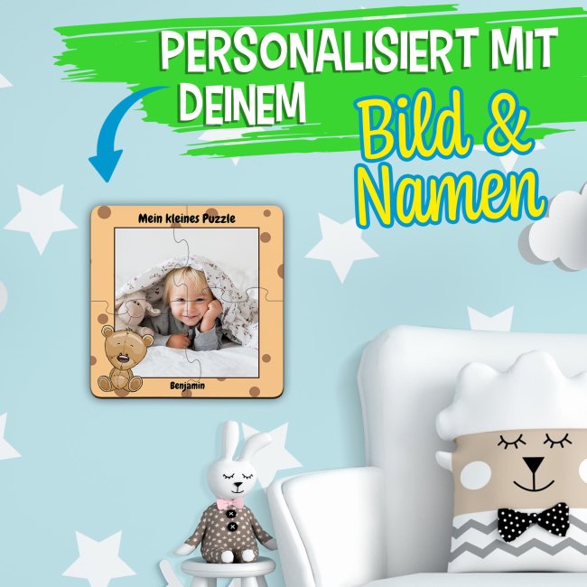Holzpuzzle mit Foto selbst gestalten f&uuml;r Kinder - Kleines Puzzle mit Name - B&auml;r - 4 Teile