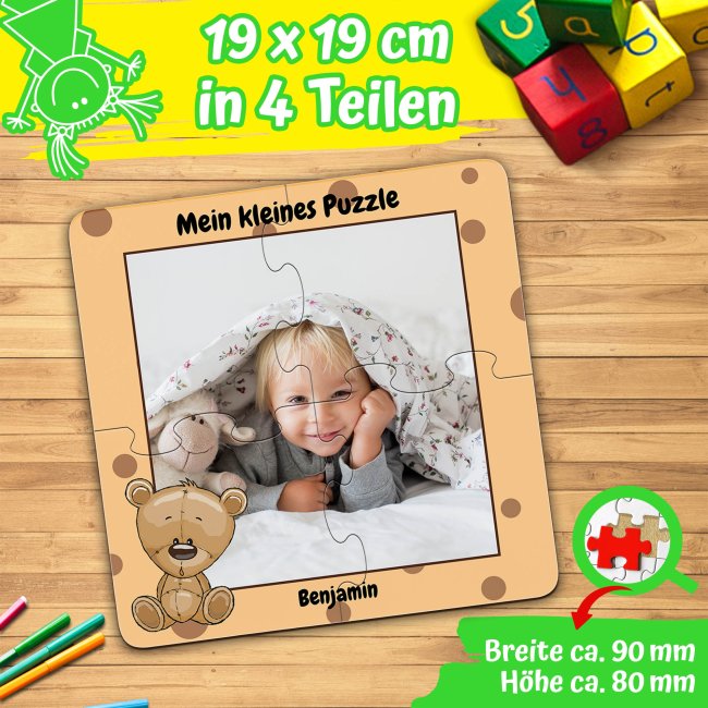 Holzpuzzle mit Foto selbst gestalten f&uuml;r Kinder - Kleines Puzzle mit Name - B&auml;r - 4 Teile