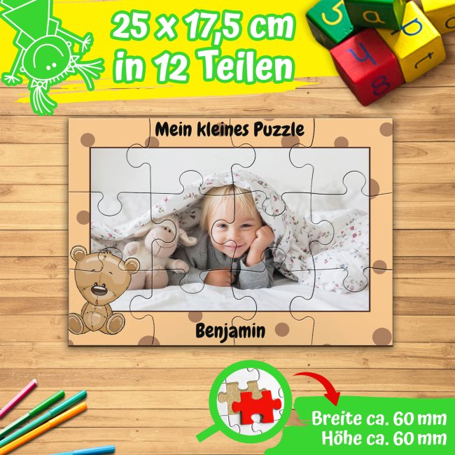 Holzpuzzle mit Foto selbst gestalten f&uuml;r Kinder - Kleines Puzzle mit Name - B&auml;r - 12 Teile