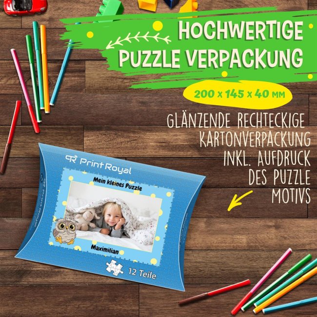 Holzpuzzle mit Foto selbst gestalten f&uuml;r Kinder - Kleines Puzzle mit Name - Eule - 12 Teile