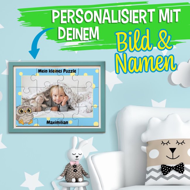 Holzpuzzle mit Foto selbst gestalten f&uuml;r Kinder - Kleines Puzzle mit Name - Eule - 12 Teile