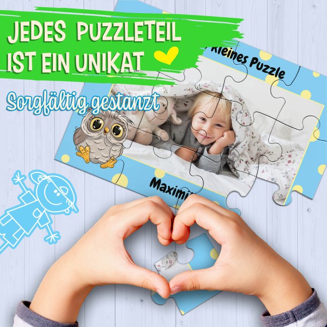 Holzpuzzle mit Foto selbst gestalten f&uuml;r Kinder - Kleines Puzzle mit Name - Eule - 12 Teile