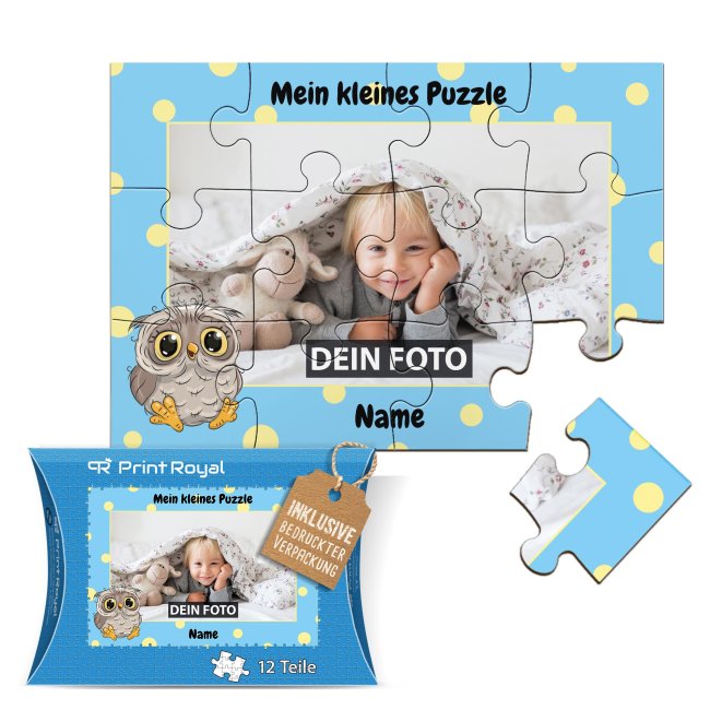 Holzpuzzle mit Foto selbst gestalten f&uuml;r Kinder - Kleines Puzzle mit Name - Eule - 12 Teile