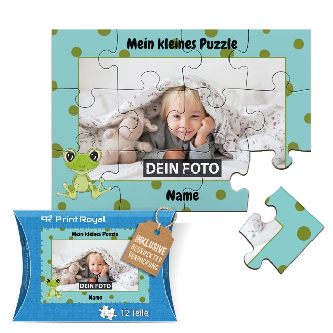 Holzpuzzle mit Foto selbst gestalten f&uuml;r Kinder - Kleines Puzzle mit Name - Frosch - 12 Teile