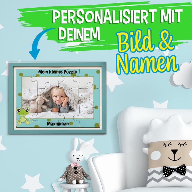 Holzpuzzle mit Foto selbst gestalten f&uuml;r Kinder - Kleines Puzzle mit Name - Frosch - 12 Teile