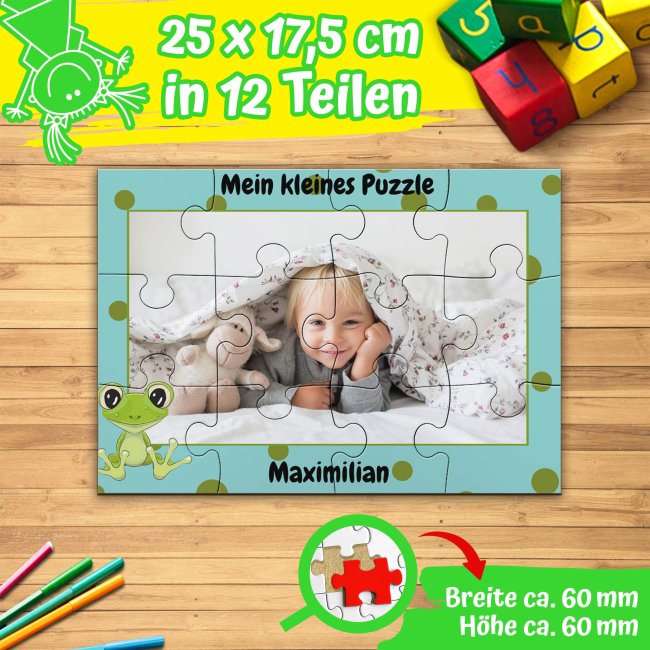 Holzpuzzle mit Foto selbst gestalten f&uuml;r Kinder - Kleines Puzzle mit Name - Frosch - 12 Teile