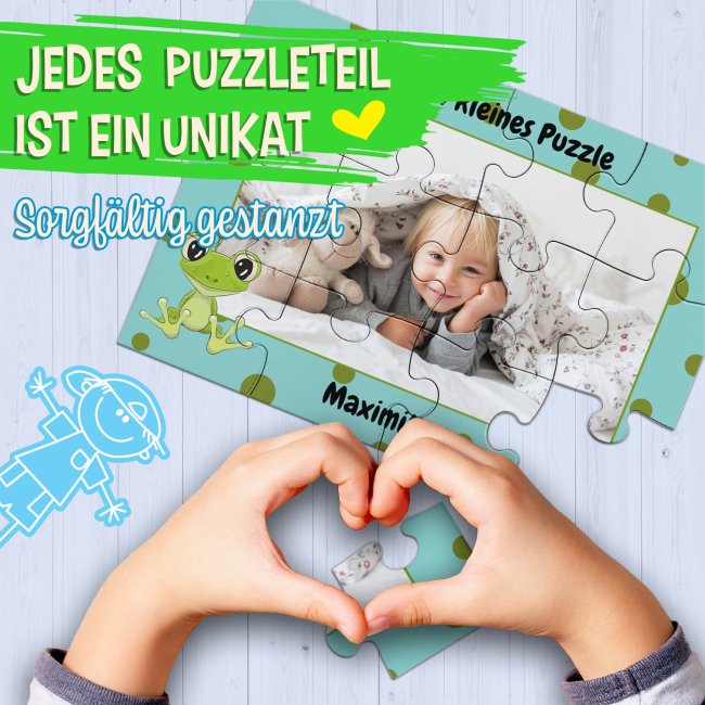 Holzpuzzle mit Foto selbst gestalten f&uuml;r Kinder - Kleines Puzzle mit Name - Frosch - 12 Teile