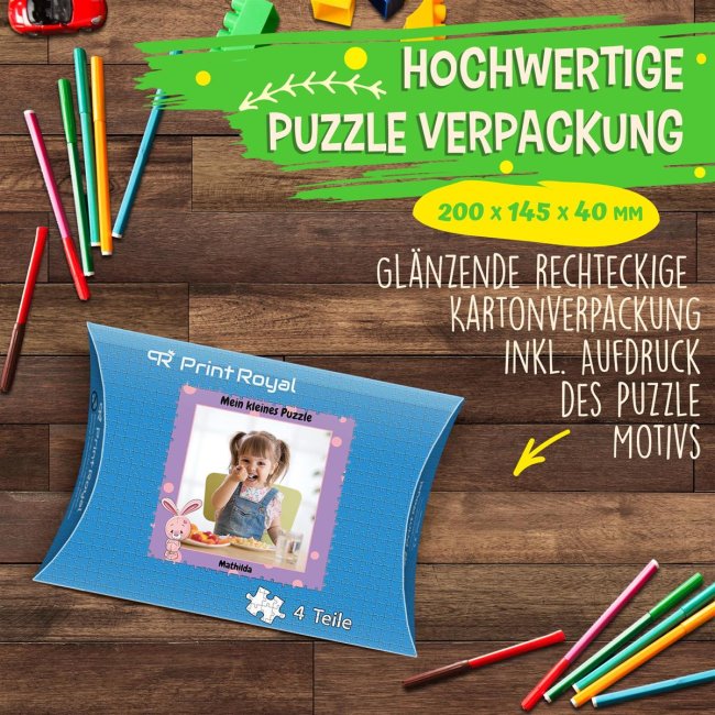 Holzpuzzle mit Foto selbst gestalten f&uuml;r Kinder - Kleines Puzzle mit Name - Hase - 4 Teile