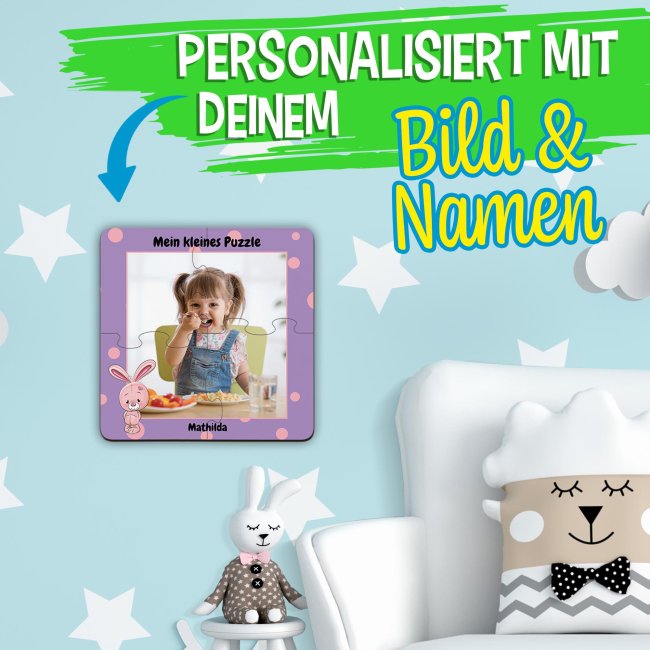 Holzpuzzle mit Foto selbst gestalten f&uuml;r Kinder - Kleines Puzzle mit Name - Hase - 4 Teile