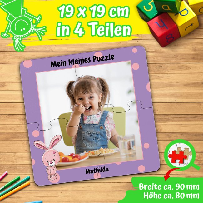 Holzpuzzle mit Foto selbst gestalten f&uuml;r Kinder - Kleines Puzzle mit Name - Hase - 4 Teile