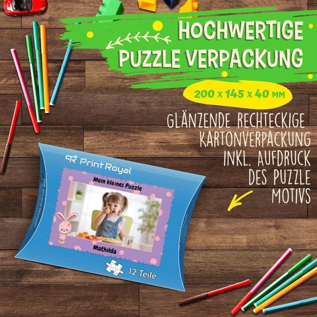 Holzpuzzle mit Foto selbst gestalten f&uuml;r Kinder - Kleines Puzzle mit Name - Hase - 12 Teile