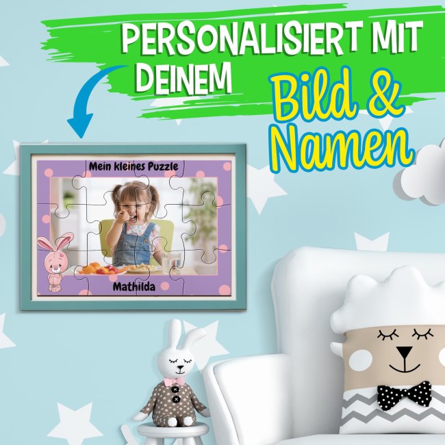 Holzpuzzle mit Foto selbst gestalten f&uuml;r Kinder - Kleines Puzzle mit Name - Hase - 12 Teile