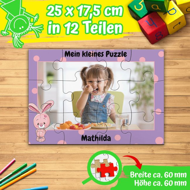 Holzpuzzle mit Foto selbst gestalten f&uuml;r Kinder - Kleines Puzzle mit Name - Hase - 12 Teile