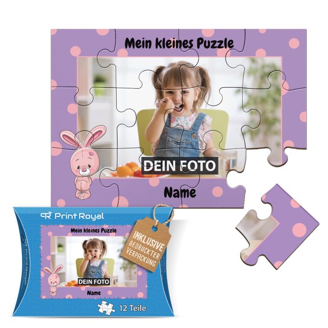 Holzpuzzle mit Foto selbst gestalten f&uuml;r Kinder - Kleines Puzzle mit Name - Hase - 12 Teile