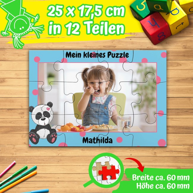 Holzpuzzle mit Foto selbst gestalten f&uuml;r Kinder - Kleines Puzzle mit Name - Panda - 12 Teile