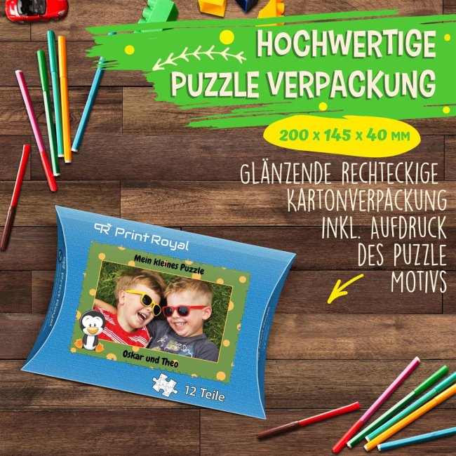 Holzpuzzle mit Foto selbst gestalten f&uuml;r Kinder - Kleines Puzzle mit Name - Pinguin - 12 Teile