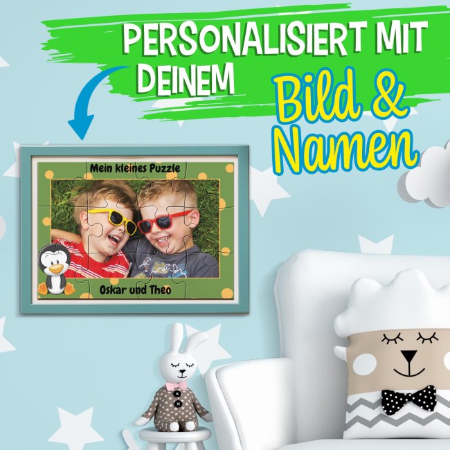 Holzpuzzle mit Foto selbst gestalten f&uuml;r Kinder - Kleines Puzzle mit Name - Pinguin - 12 Teile